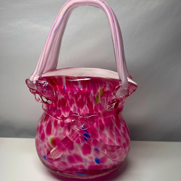 Block Crystal Mouth Blown Handbage Vase Pink Catherine Art Glass Lead Free - Picture 1 of 7